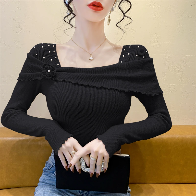 Black,Korean,Style,Knitted,Sweater,Women,Chic,Sexy,Off shoulder,Shiny,Beading,3D Flower,Tops,Long Sleeve,Pullover,New,4122904