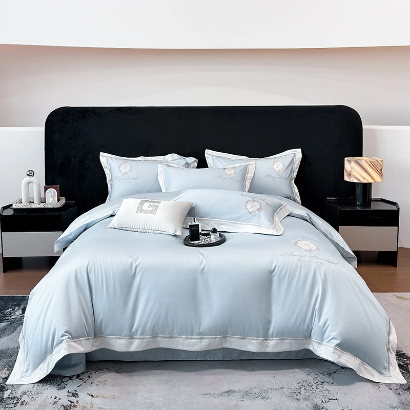 Egyptian Cotton Embroidery Bedding Set Luxury 4pcs Sky Blue Duvet Cover Sets Fitted Bed Sheet Pillowcases Home Textile