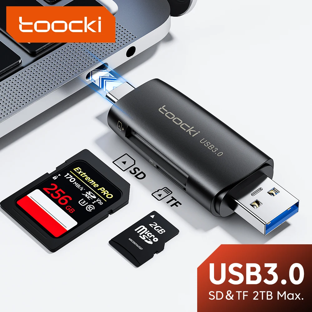Toocki-USB 3.0 e C para leitor de cartão SD, adaptador Micro TF para PC, acessórios para laptop, Smart Memory Card Reader, 2 em 1 cartão SD