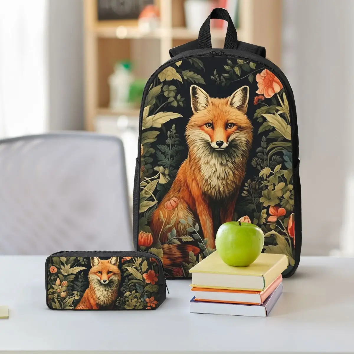 Forest Fox With Plant William Morris Style Backpack Student BookBag School Bag Shoulder Bags 3ps Insulated Lunch Bag Pencil Case