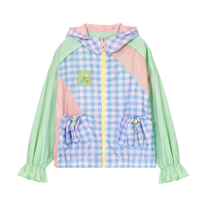 2025 Spring And Summer Thin Plaid Splicing Hooded Women's Jacket New UV Protection Loose Versatile Sunscreen Clothing Ladies