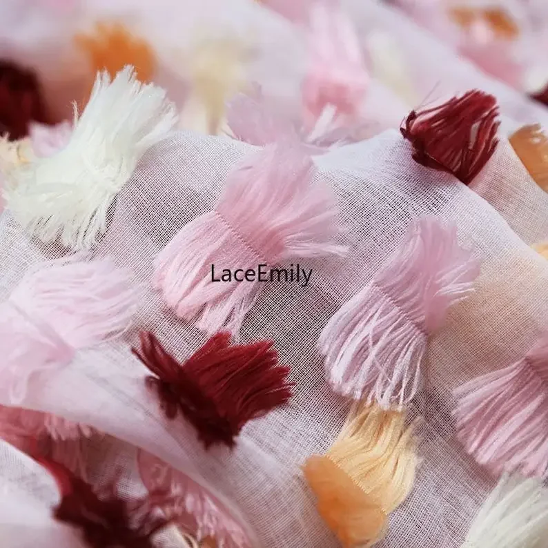 

3D Pink whtie Fringed embroidery fabric 3D color tassel fabric For Girl Dress Dress Wedding Dress Bridal Veil Prom Gown 1 yard