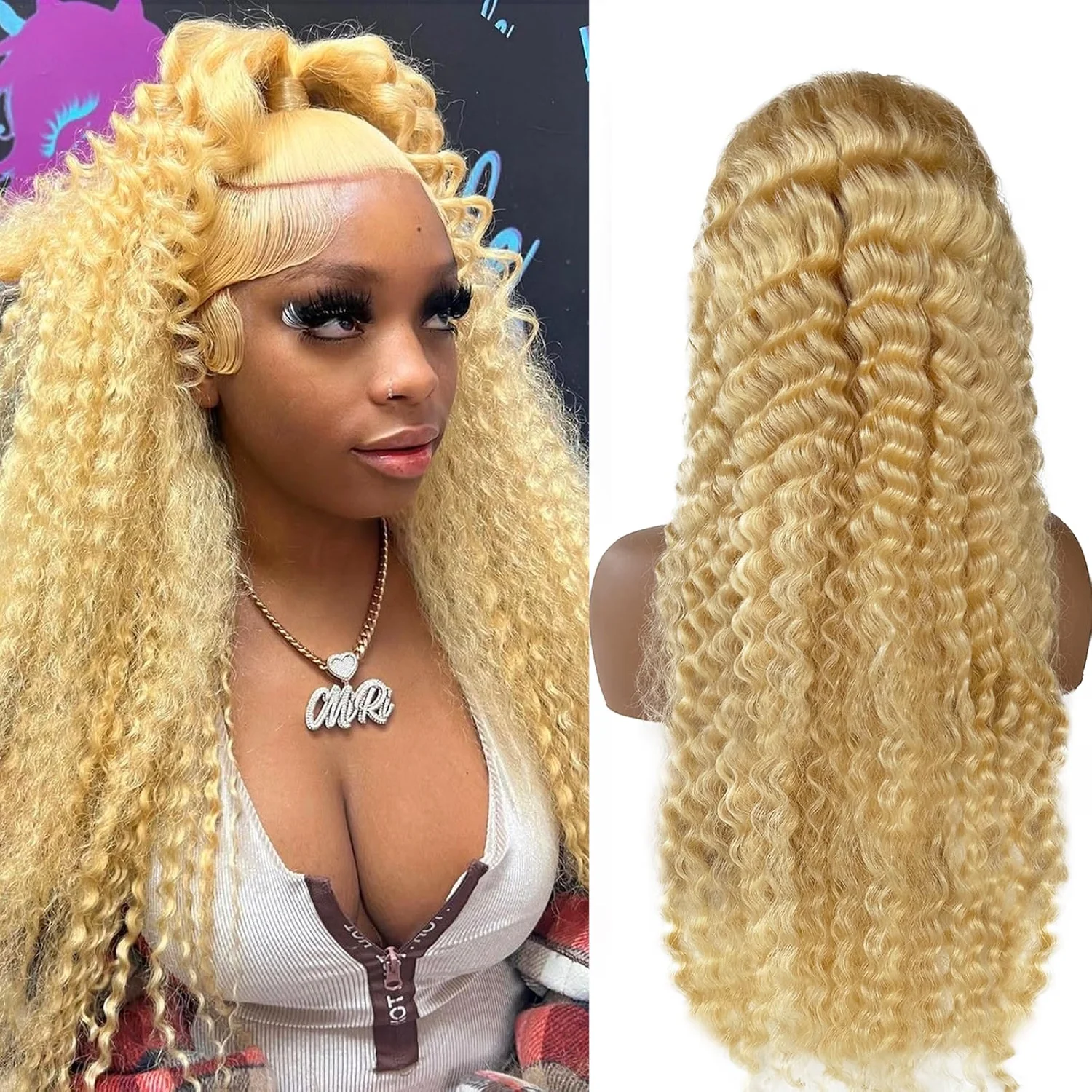 613 Lace Front Wig Human Hair Deep Wave 40 Inch Blonde Wig Human Hair 13x4 HD Blonde Lace Closure Wigs Deep Curly 613 Wig 250% Density Glueless Curly Wet And Wavy Wig Pre Plucked 613 Blonde Deep Wave Frontal Wig