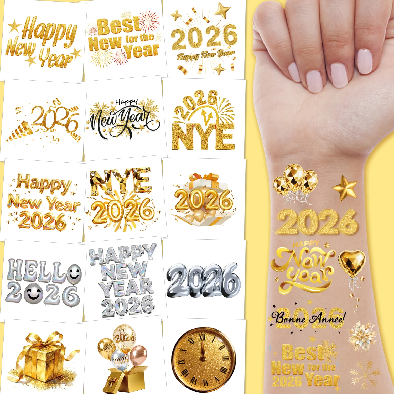 10 Sheets New Year 2026 Temporary tattoo stickers, New Year's Day party makeup kit, 2026 New Year party supplies