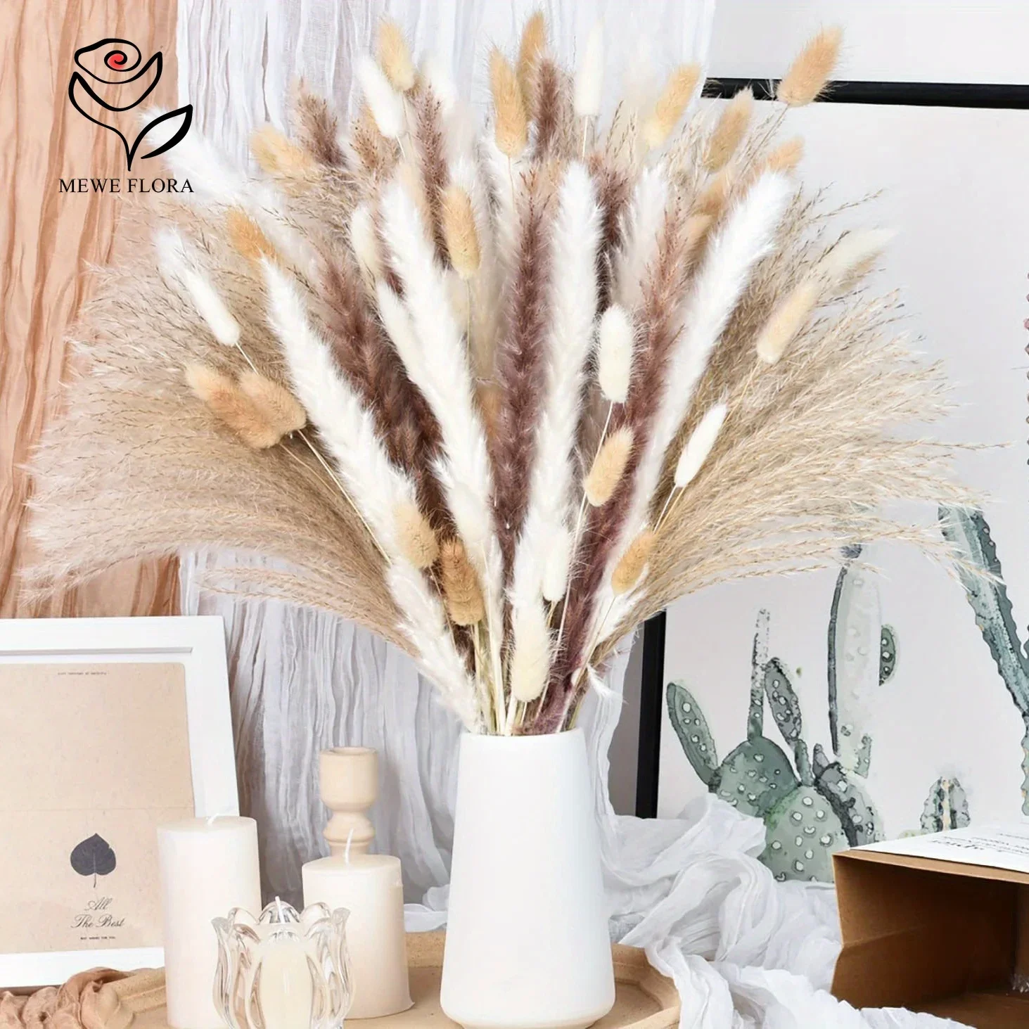 125PCS Fluffy Pampas Dried Flowers Natural Bunny Tails Grass Autumn Decoration Boho Home Wedding Tables Decor Artificial Flower