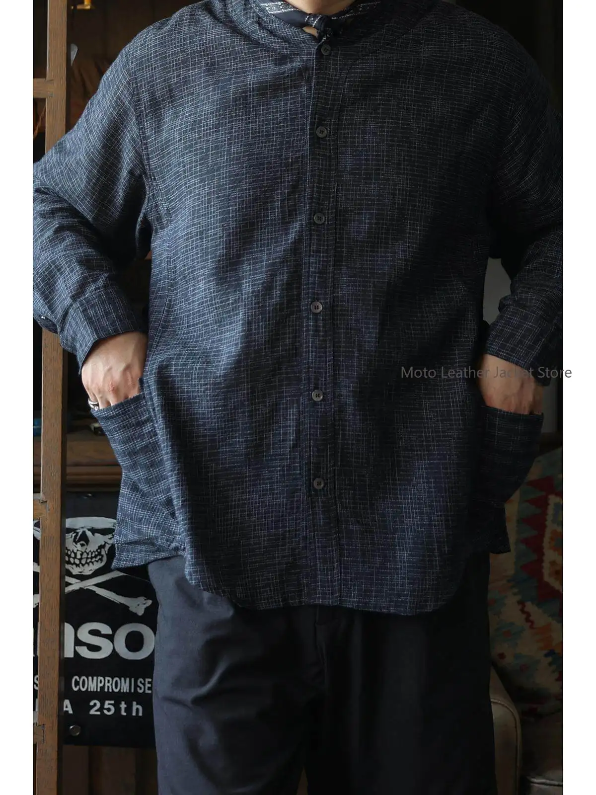 Secondorder SS24 Stand Collar Linen Shirt Irregular Plaid Print Pocket Short/Long Sleeve Shirt