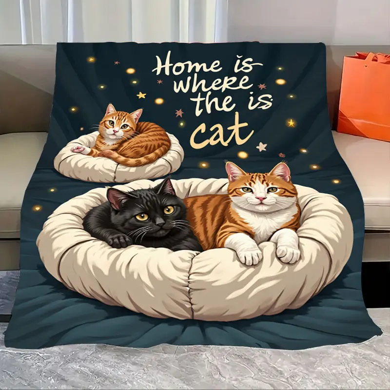 

1pc Flannel Blanket "Cozy Cat Blanket: 'Home is Where the Cat Is' - Soft & Warm for Pet Lovers"