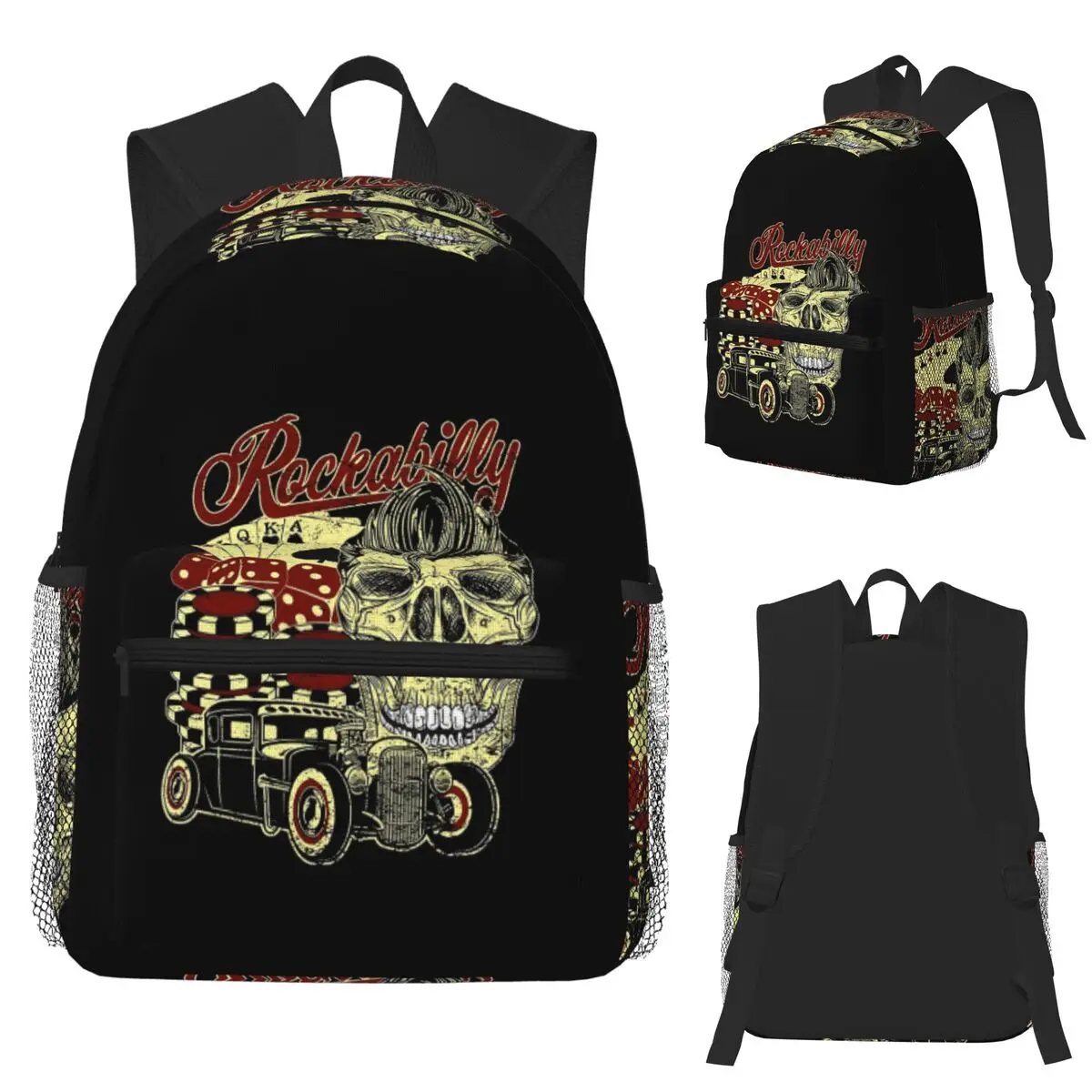 Gothic Rockabilly Rock And Roll Skull Dice Rockers Graphic Student Backpack School Bag Hiking Travel Daypack for Boys Girls