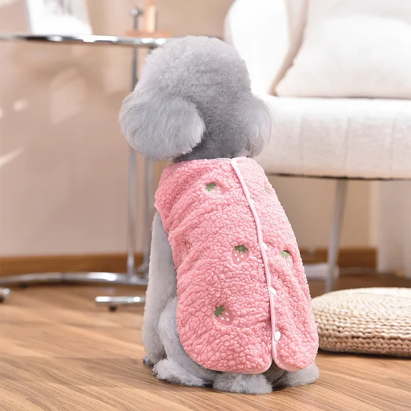 Winter Warm Strawberry Pet Dog Coat Pet Dog Bear Embroidered Lamb Fleece Hoodie Teddy Jacket Small Pet Clothes Puppy Clothes