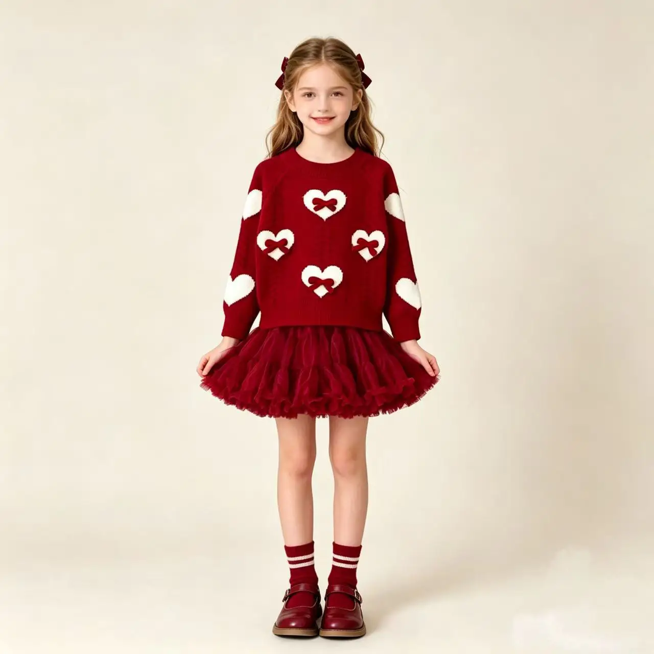 Girls Sweater Autumn Winter Bow Heart-shaped Print Sweater Bottoming Shirt For 2-6Years Girls Spring Warm Knitted Woolen Sweater
