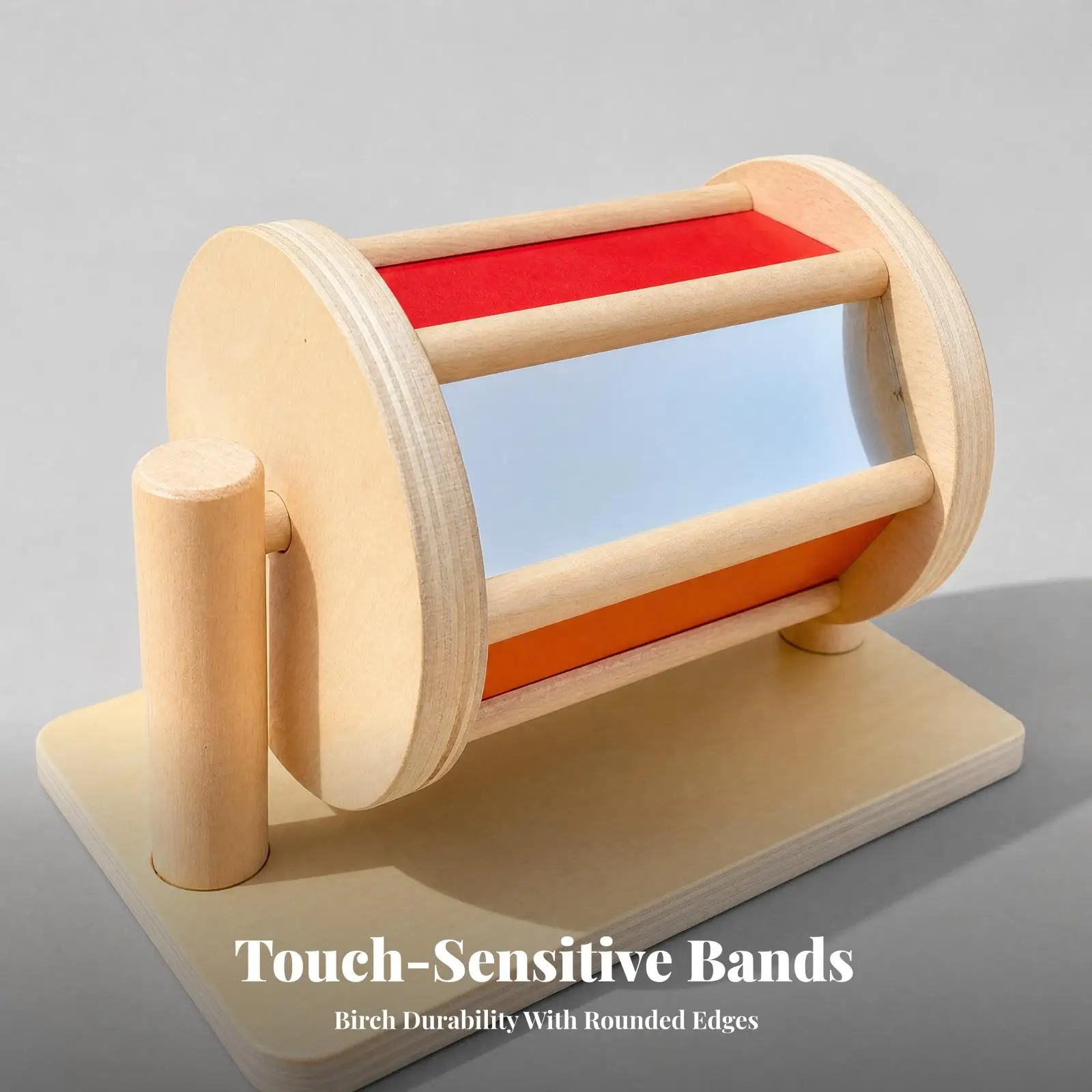 Wooden Infant Textile Drum Montessori Toy for Baby Sensory Play Rotating Cylinder with Fabric Panels for Early Learning and Fine