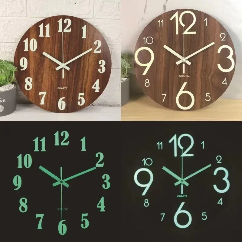 

12-Inch with Luminous Retro Wooden Wall Clock Word Numbers Silent Used in Bedroom Living Room Kitchen Dining Room Decoration