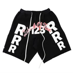 High Quality 1:1 RRR123 Shorts Oversized Logo Letter Printed Rolled Drawstring Casual Men's and Women's Sports Shorts