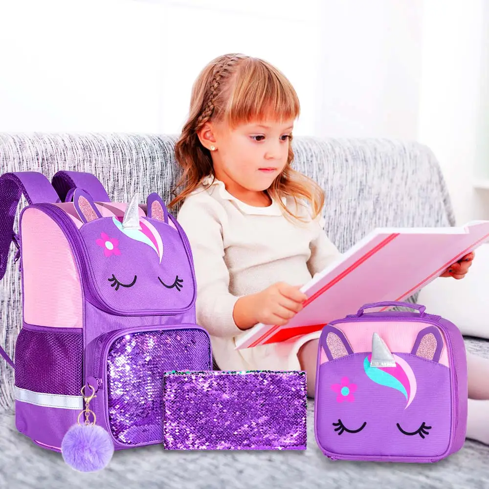 Mochila de unicornio de 3 piezas, mochila de lentejuelas para niñas de 15 "con fiambrera, mochila escolar morada para niños para primaria 2 vendida