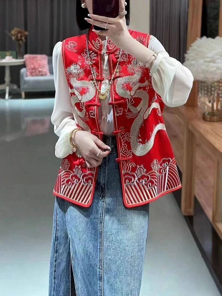 

Vintage Chinese Style Vests Jacket Embroidered Dragon Buckle Tang Costume Coat Sleeveless Women's Vest Tangsuits Vest Coat