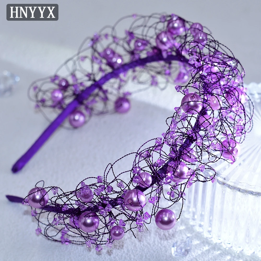 HNYYX Purple Wedding Hair Accessories Pearl Headband Beaded Soft Chain Narrow Head Hoop Evening Head Piece Women's Headwear A194