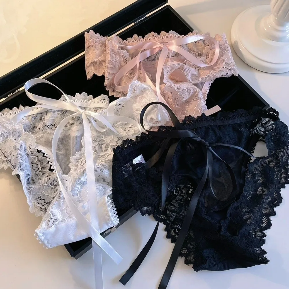

Lingerie Bow Lace Flower Panties Seamless Transparent Lace Mesh Briefs Low Waist Lace-up Briefs Girl