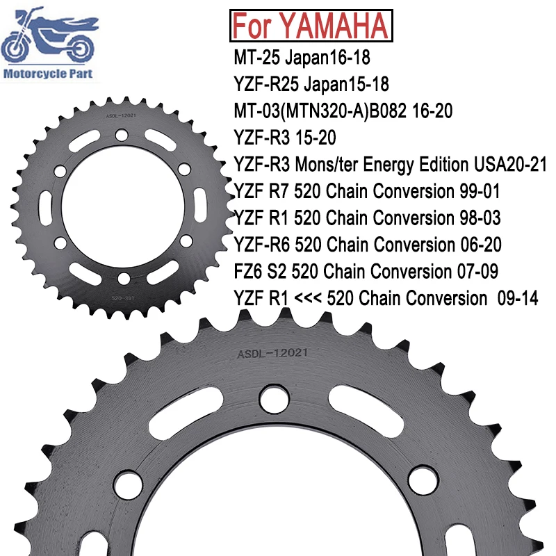 520-39T 520 39 Tooth 39T Drive Motorcycle Rear Sprocket for YAMAHA YZF R1 YZFR1 YZF-R3 20-21 YZFR25 YZF R6 YZFR6 FZ6 Fazer MT-25