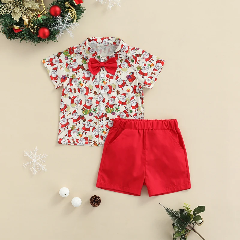 Infant Boy Holiday Set Reindeer Stocking Print Button-Up Shirt Coordinating Shorts for Christmas Cheer