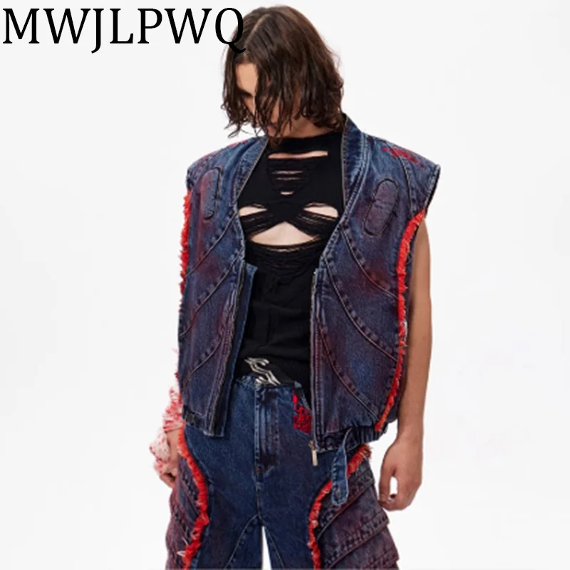 

MWJLPWQ Printing V-Neck Denim Sets Male High Street Embroidered Zipper Vest Rough Edge Hiphop Straigtht Pants Fashion 010481