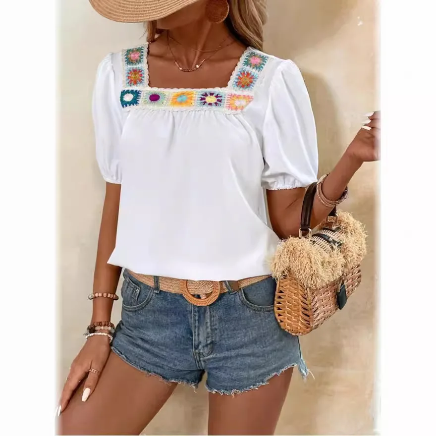 

Embroidered Short Sleeve Blouse Summer Women's Clothing Fresh and Sweet Bubble Sleeve