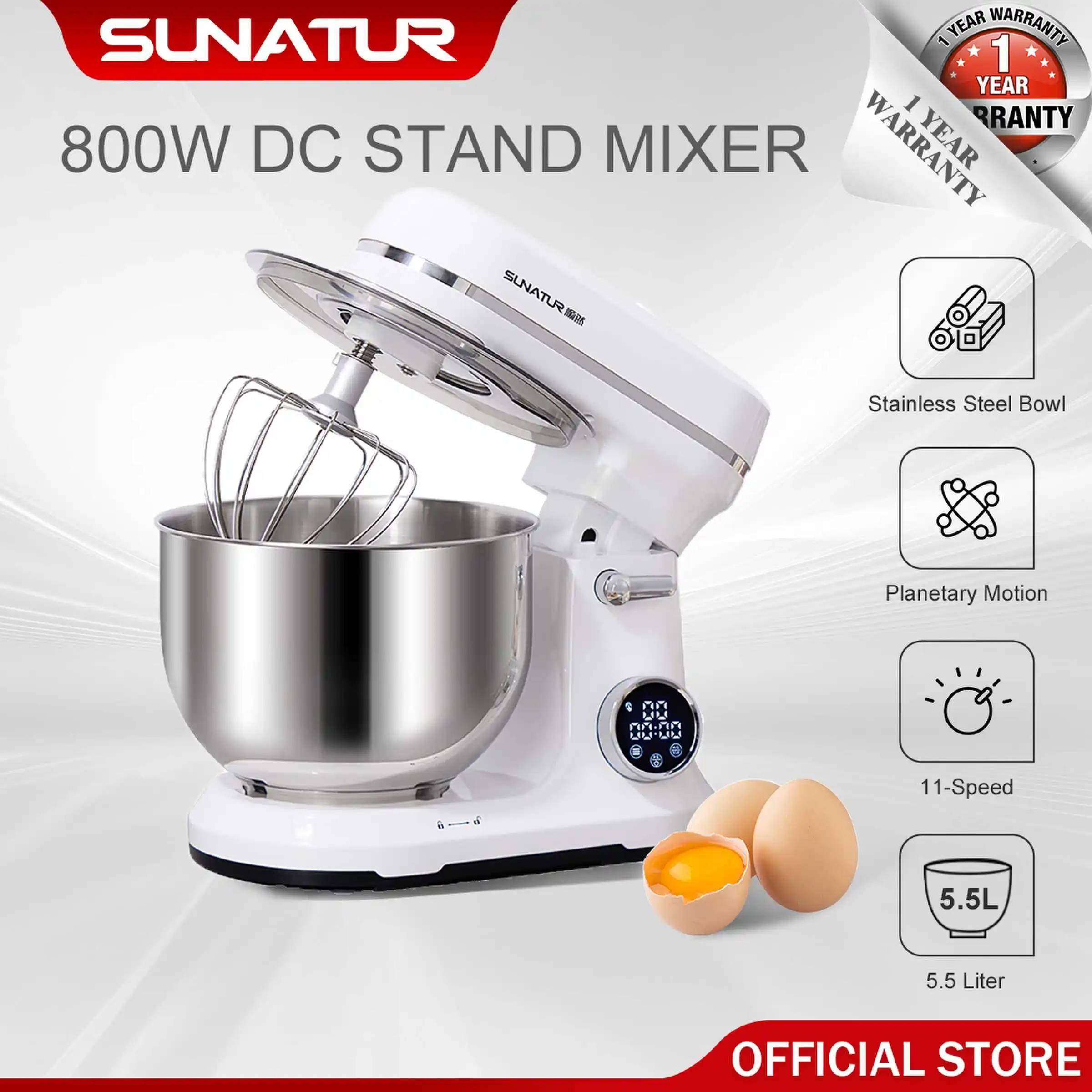SUNATUR SM-602E DC Standmixer-5,5L Automatischer Teigkneter | 800W Leiser Motor | Heim- und Gewerbenutzung