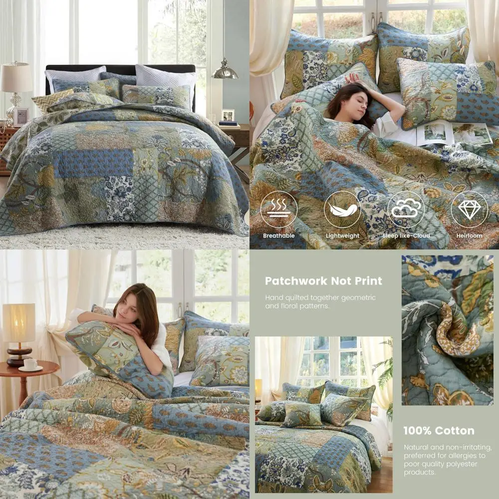 

Queen Size 100% Cotton Quilt Set in Green Sage with 2 Pillow Shams (90x98 Inches)