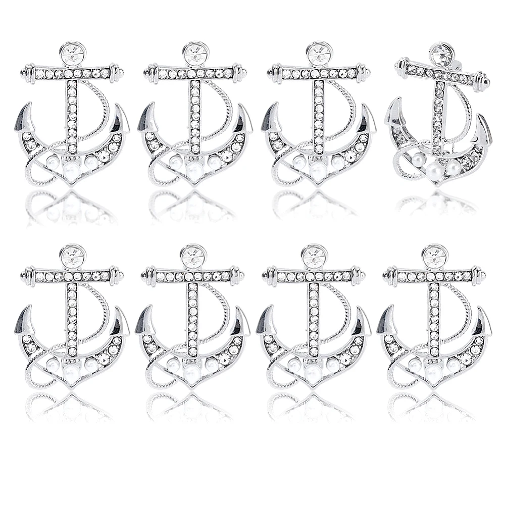 8Pcs Anchor Brooch Lapel Pin Anchor Brooch Pin Platinum/Golden Boatanchor Brooches Nautical Lapel Pins Sparkling Rhinestone