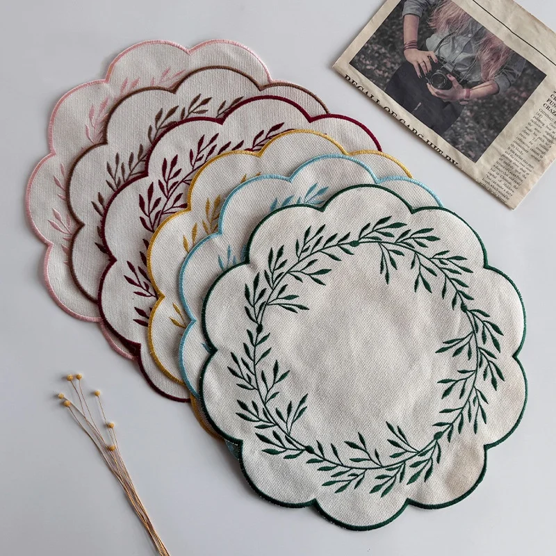 Circular Embroidered Placemats Cotton-Linen Material Washable for Home Dining Tables Hotels Spring Festival Tabletop Decoration