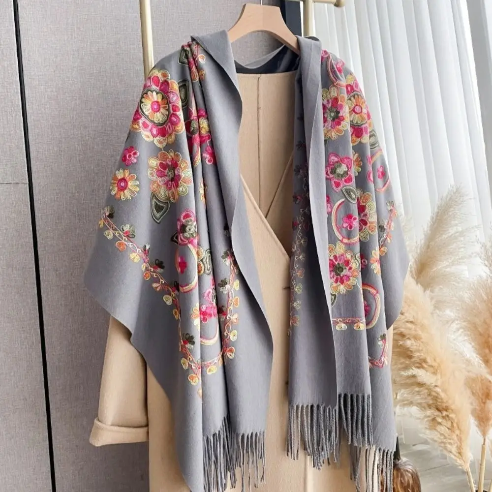 

Cashmere Feel Women Scarf Embroider Flower Warm Texture Floral Embroidered Shawl Breathable Ethnic Style Cashmere Scarf