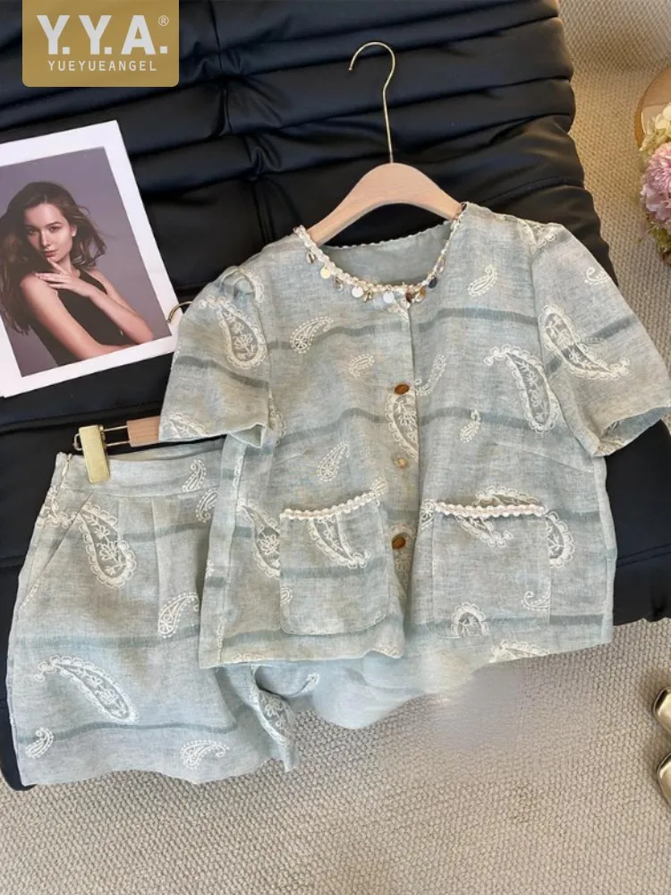 

Womens Summer New Style Embroidered Pearl Shell O-Neck Short Sleeved Sets Tops Matching Set Above Knee Length Shorts Outfits