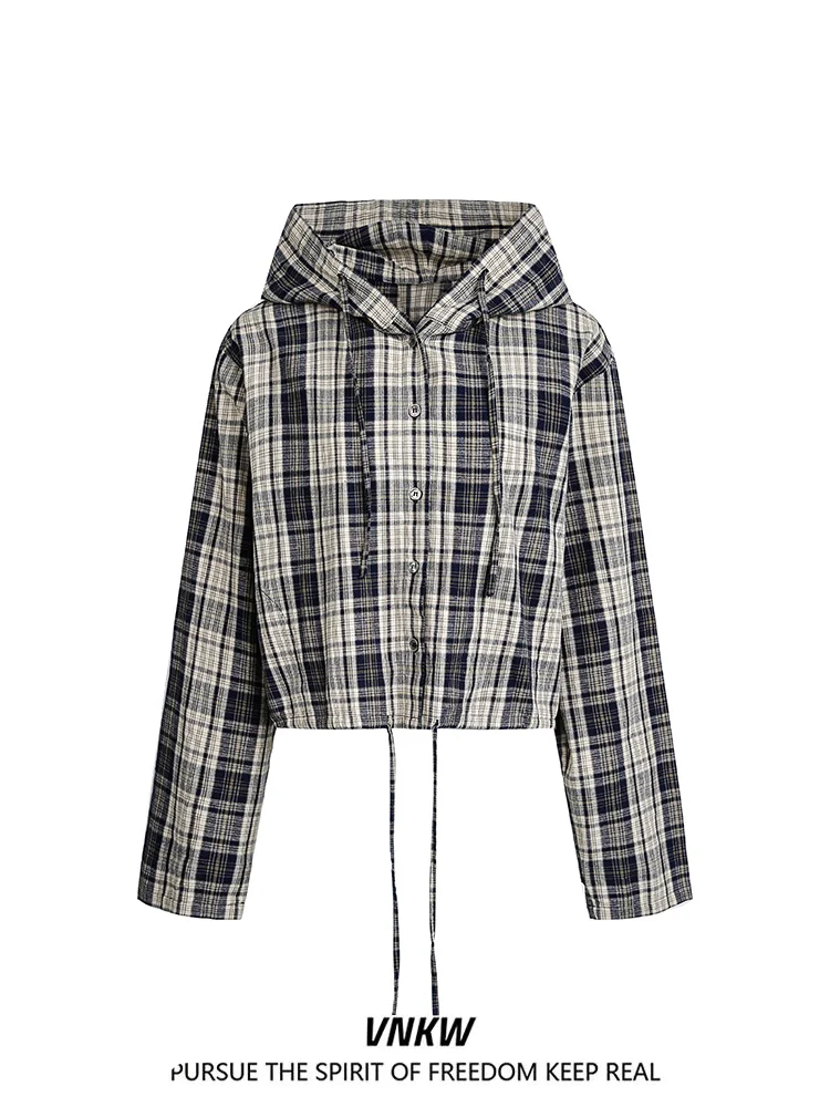 

American Retro Plaid Hooded Open Cardigan irt Loose Dstring Long Sve Casual Top for Men And Women Spring Faion