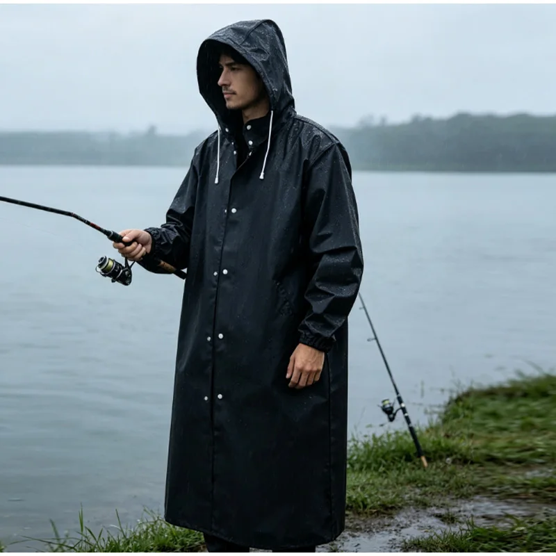 Black Portable Waterproof Raincoat With Cap Thickened Eva Integrated Long Fashion Raincoat Reusable Outdoor Hiking Raincoat