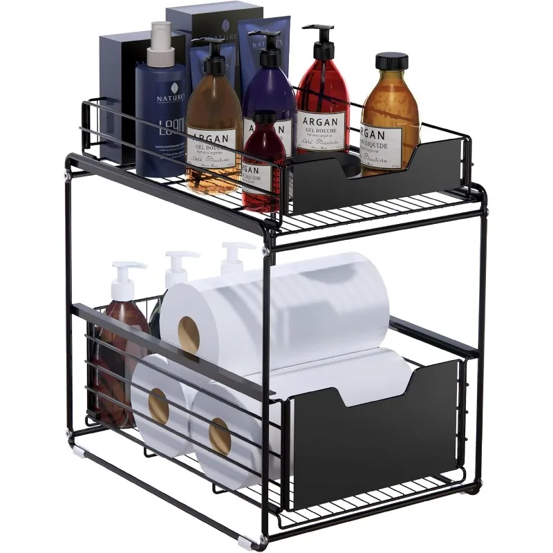 Pull Out Under Sink Cabinets Organizer, 2 Tire Sliding Countertop Organizer, Under Sink Storage Drawer Shelf for Kitchen (Black)