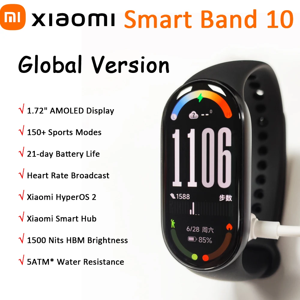 2025 Новая глобальная версия Xiaomi Smart Band 10 1,72 дюйма AMOLED 150+ спортивных режимов, передача сердечного ритма, 5 АТМ, водонепроницаемый спортивный браслет