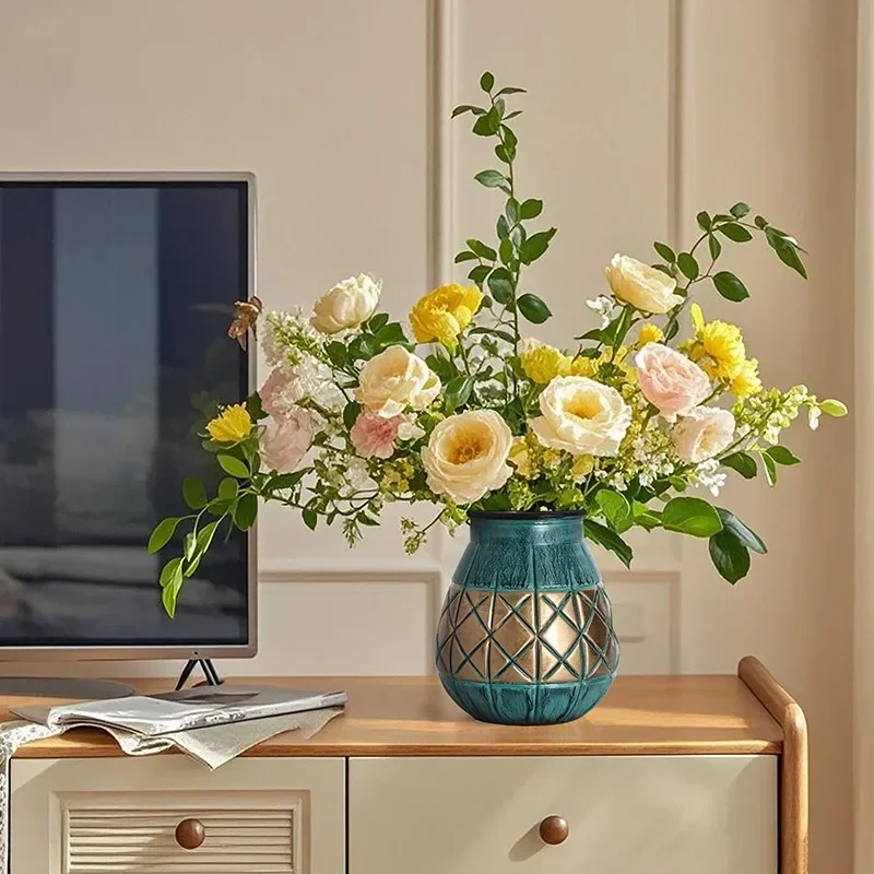 

Imitation Copper Glass Vase Antique Ornaments Retro Home Decoration Living Room Flower Arrangement Light Luxury