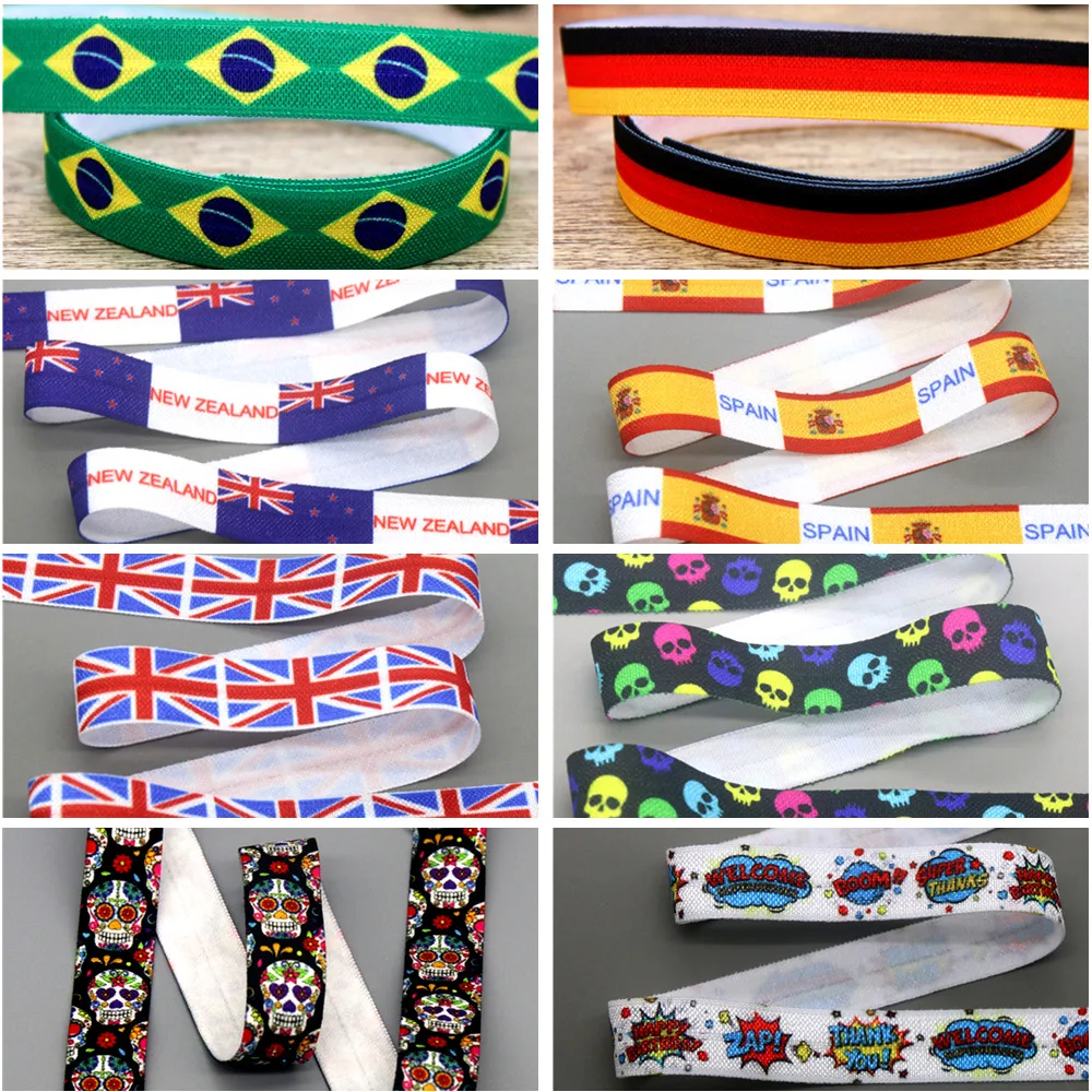 DHK 5/8'' 50yards Flag Mexican UK Skull Bang Printed Fold Elastic FOE Stretch Ribbon Accessories Craft DIY Sewing S2504