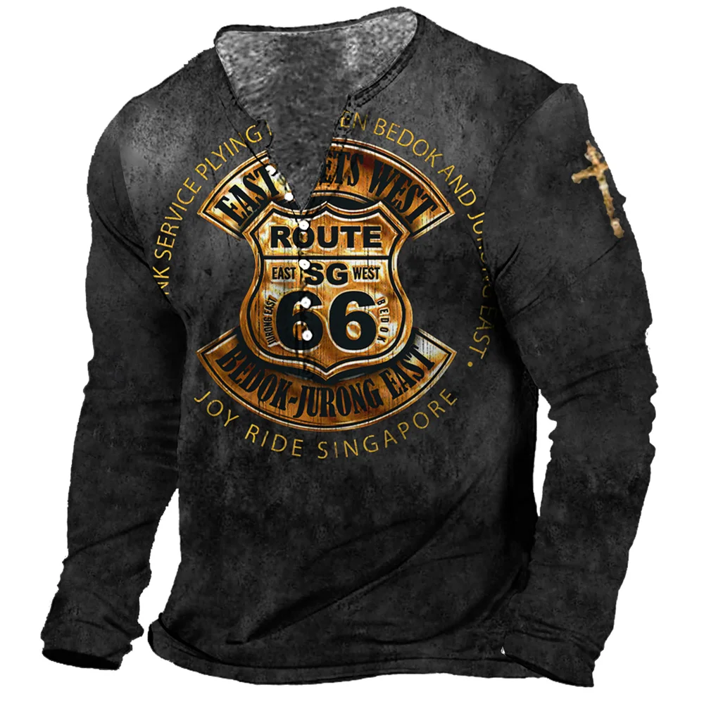 T-shirt for Male Vintage Print Pullover Cotton Tees 5xl Street Sweatshirt 2023 Route 66 Graphic 3d Print T-shirt Long Sleeve Top