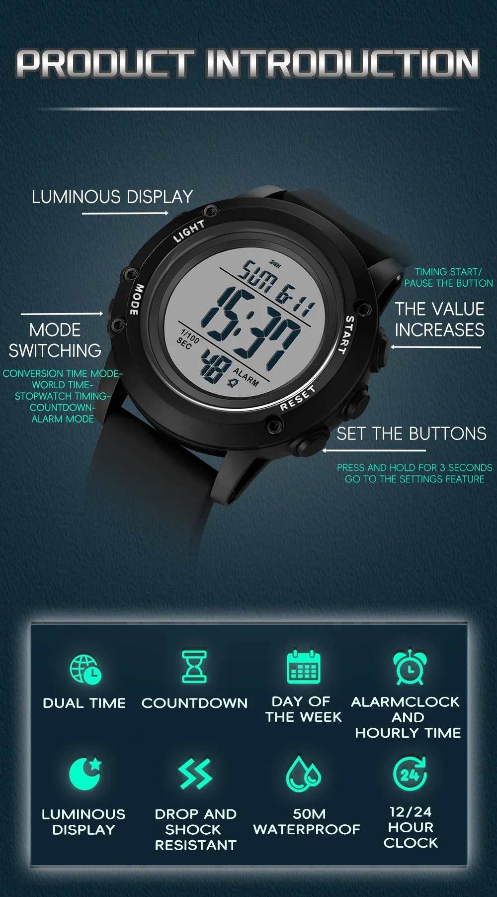 Sanda jam tangan multifungsi pria, arloji olahraga Lari, LED lampu malam Digital tahan air panas 2165