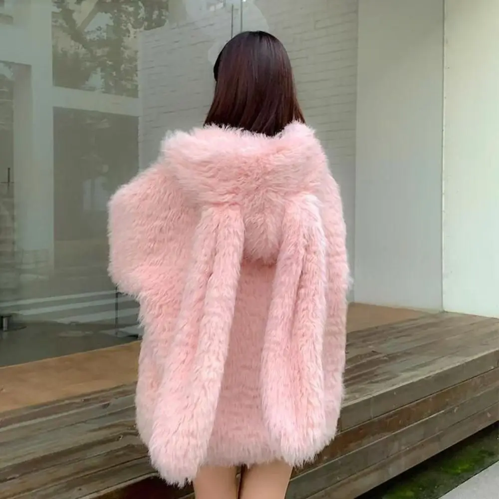 

Sweet Long Sleeve Imitation Lamb Wool Hoodie Thick Warm Ladies Top Rabbit Ear Hoodie Winter Autumn Kawaii Plush Coats Female