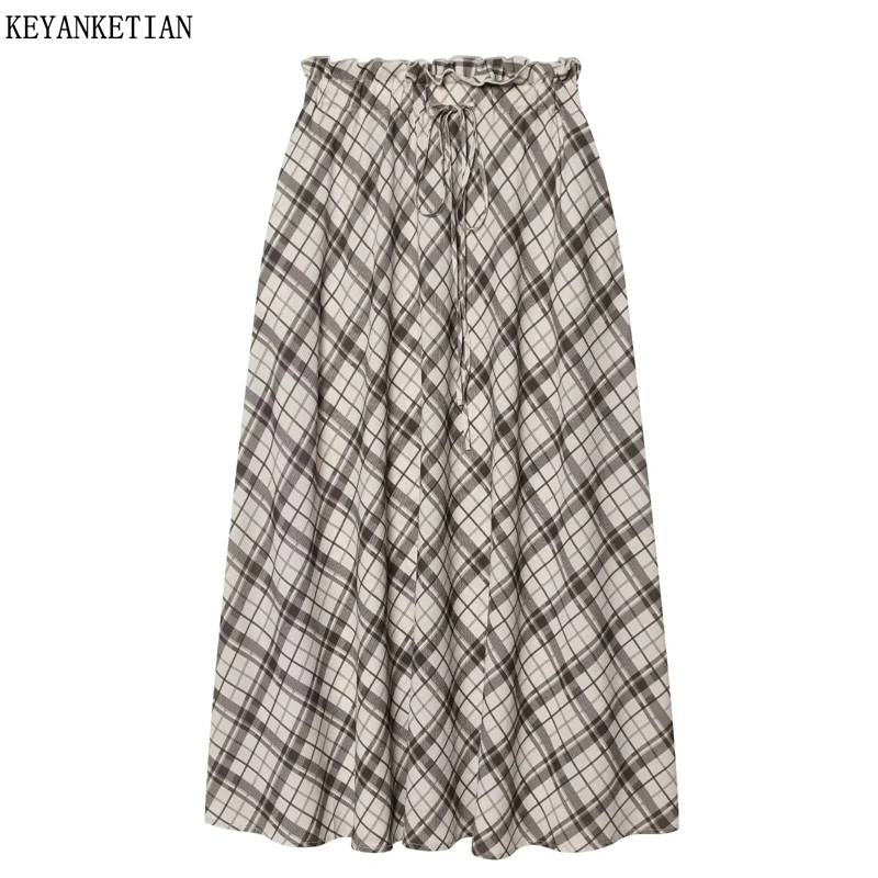 KEYANKETIAN 2026 New Women's Plaid Long Skirt Elastic High Waist A-Line Midi Skirt Pockets Loose Drawstring Waist Tartan Skirts