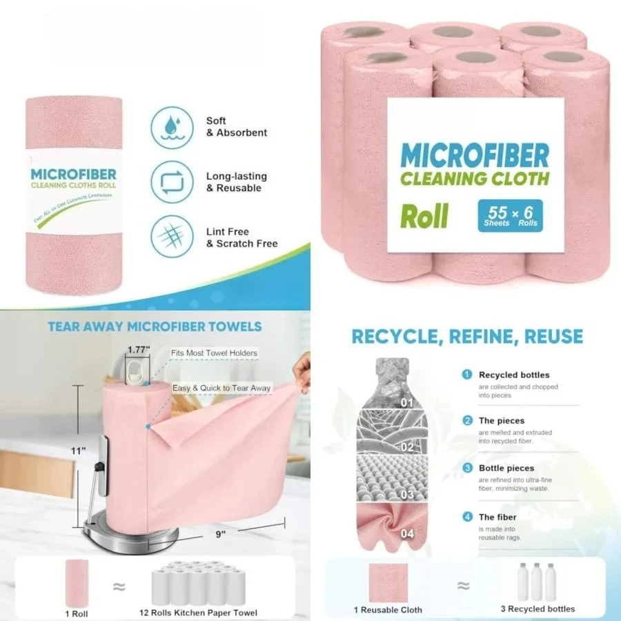 

Microfiber Cleaning Cloth 330 Sheets 6 Roll, Pink, Microfiber Towels for Cars, Shop Rags Washable,Cleaning Rags Reusable Paper Towels for Automotive, Mechanic, Workshops, House,11×9"