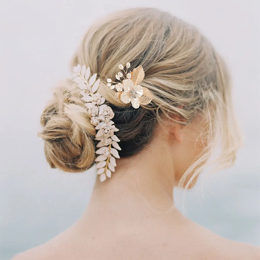 

2 Pcs Hair Comb Floral Leaf Accessories for Women Bride Pearls Crystal Wedding Party Bridesmaid Side Headpiece Decorative
