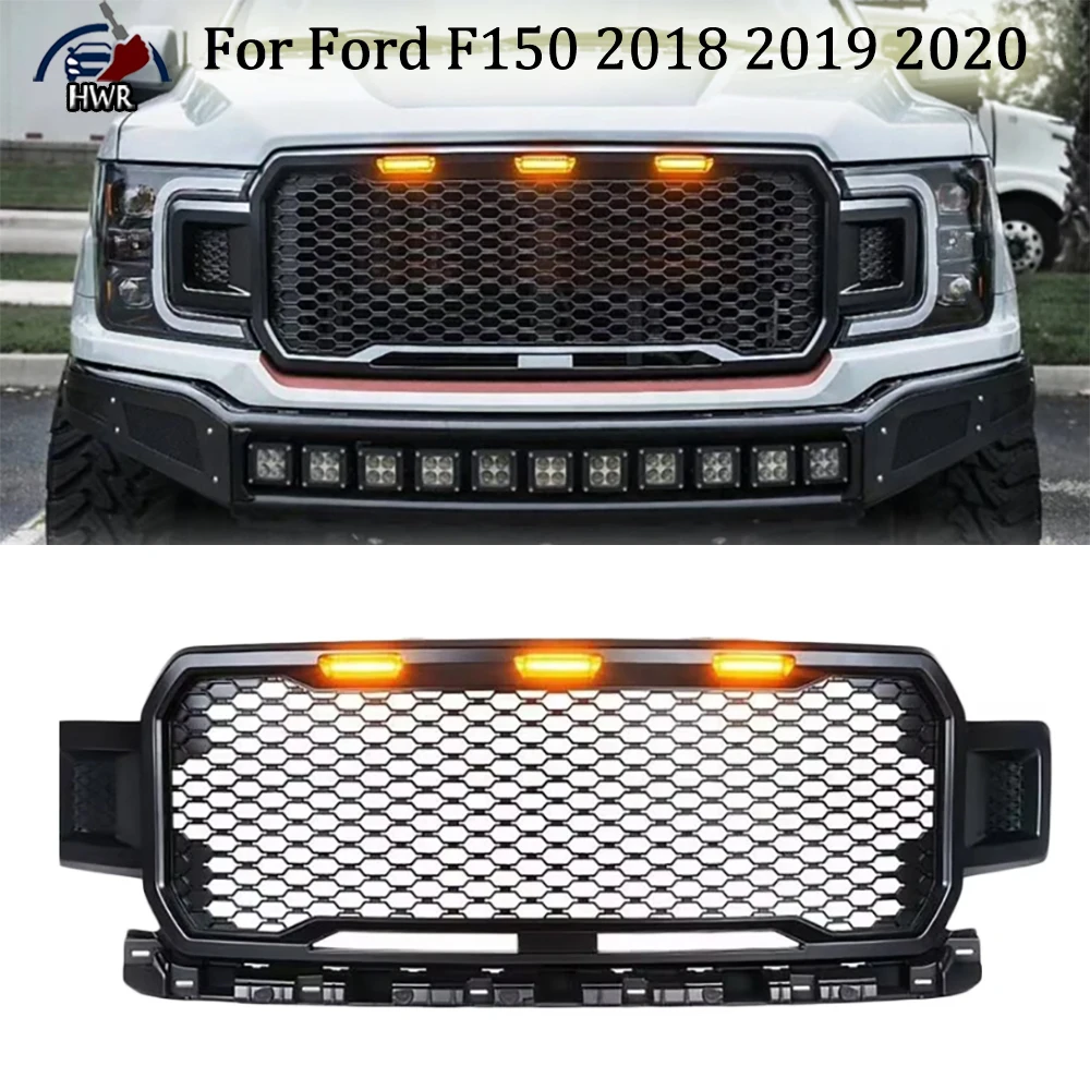 

Raptor Appearance Parts Mesh Grille For Ford F150 2018 2019 2020 ABS Matte Black Car Front Bumper Guard Grid With LED Light