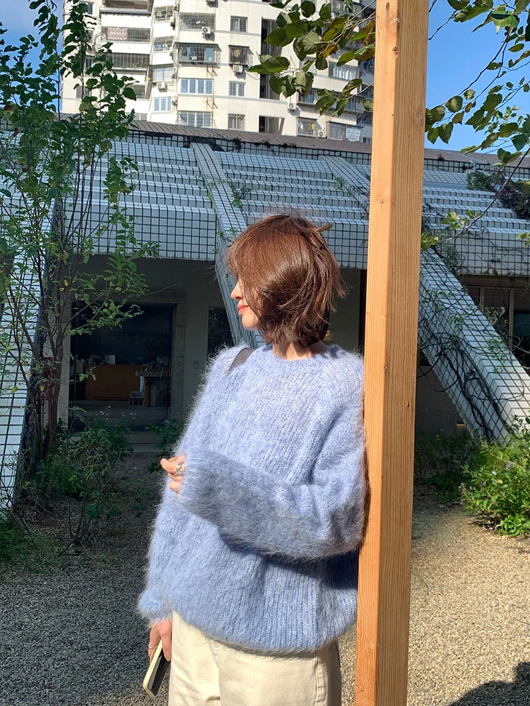 

Свитер BreezeMood Lazy New Year: универсальный синий шерстяной вязаный свитер с микроотверстиями, свободный крой, уличный стиль