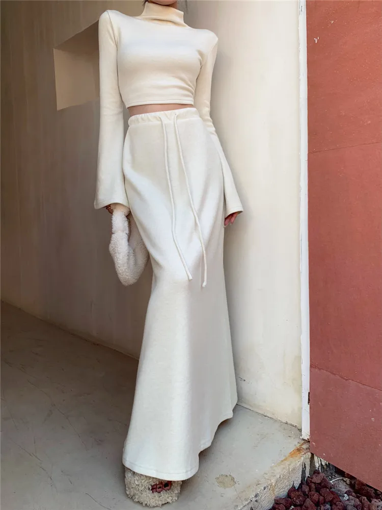 

BM Fashion 2025 Новые осенние комплекты платьев из 2 предметов Женские повседневные комплекты из 2 предметов Водолазка Короткая толстовка Топ и высокая талия A Line Длинная юбка Костюмы