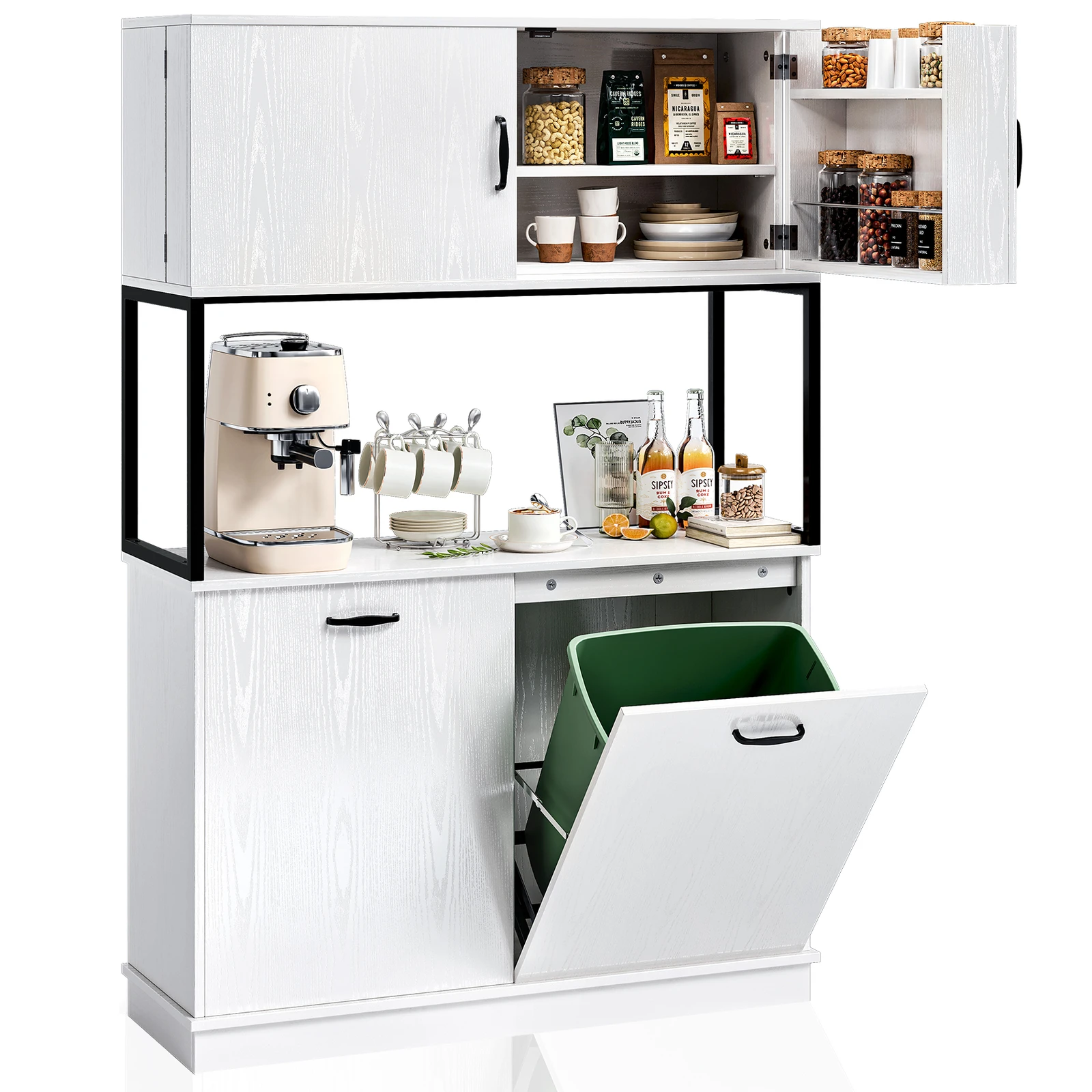 

Kitchen Tilt Out Trash Garbage Bin Cabinet with Storage Hutch Pantry Cabinet