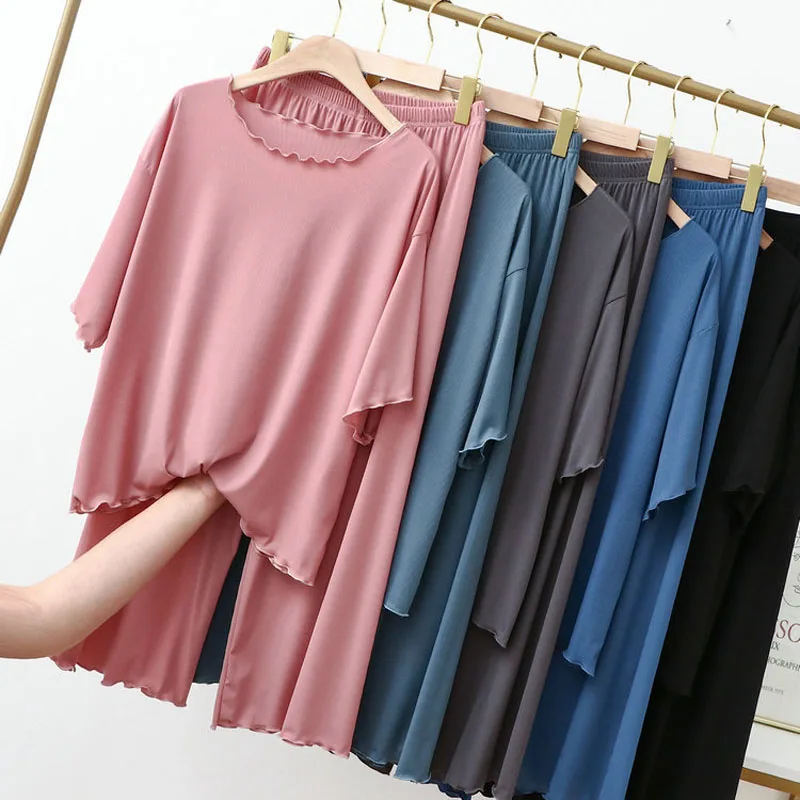 Ruffled Ice Silk Women's Plus Size Cropped Wide-Leg Pants  Short Sleeve Set - Summer Casual Loungewear and Pajamas