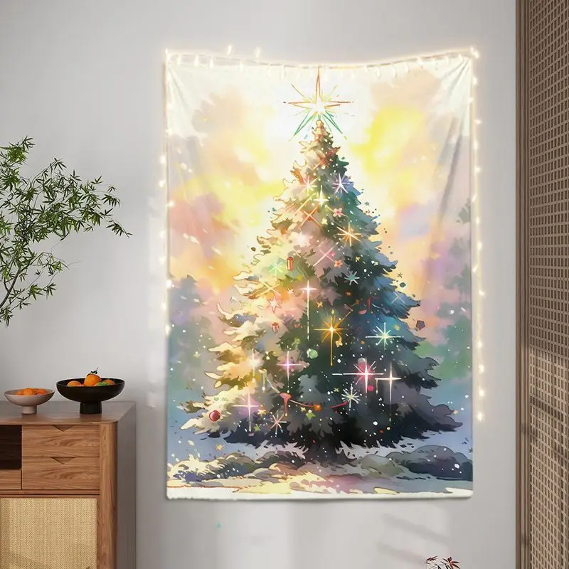 VIKAMA Wall Tapestry Watercolor Glowing Christmas Tree Pastel Star Ornament Wall Hanging Dorm Room Aesthetic Xmas Wall Art