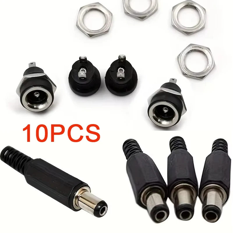 10PCS 5Pair 5.5x2.1mm DC Power Plug Male Female Jack Socket Nut Panel Mount DC Power Adapter Connector